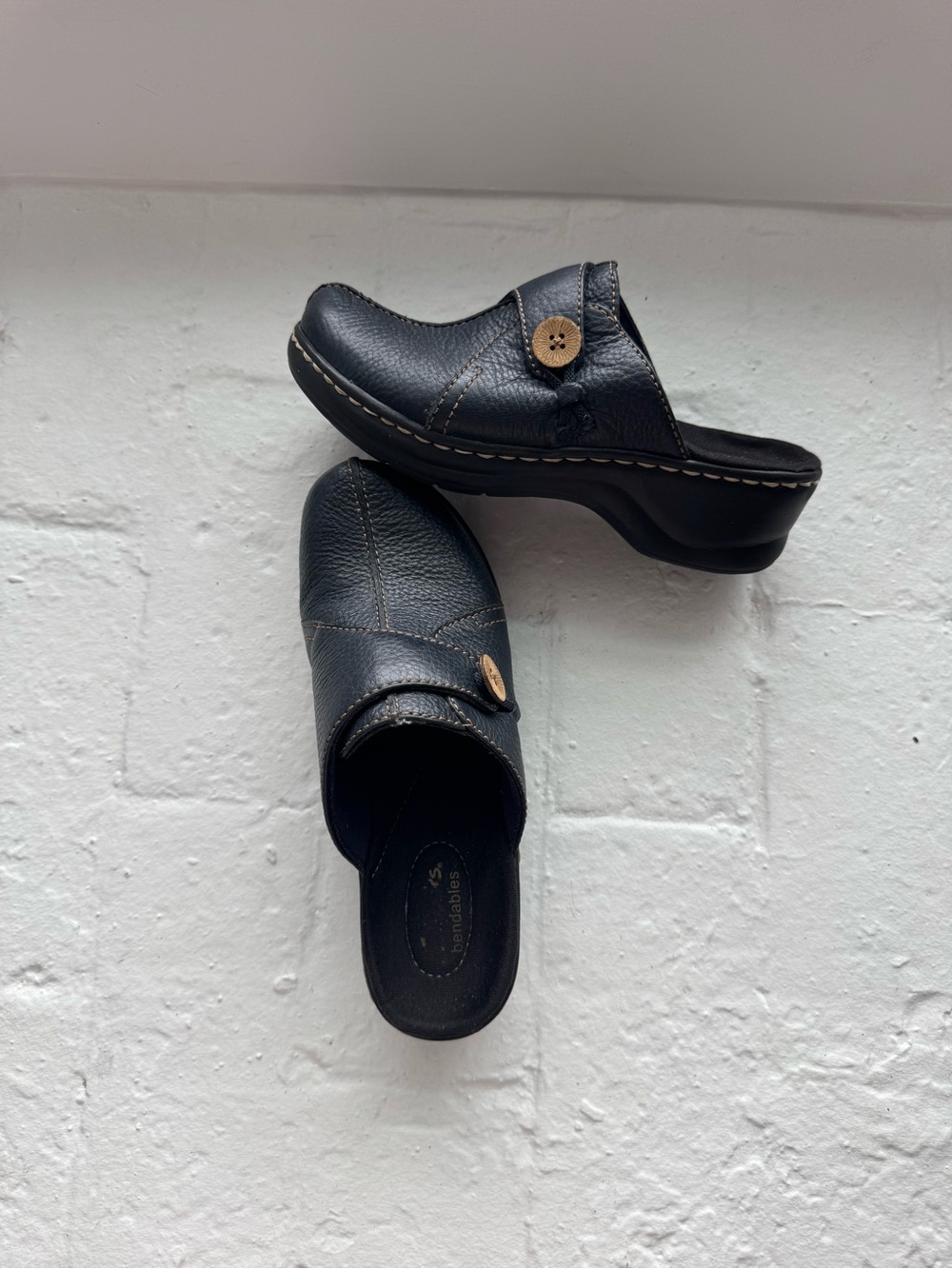 Navy Blue Leather Slip-On Clogs with Button Accent